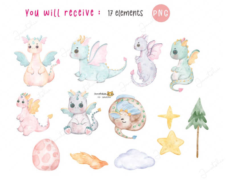 Baby Dragon Watercolor Clipart Set: Whimsical Nursery Art (PNG Digital ...