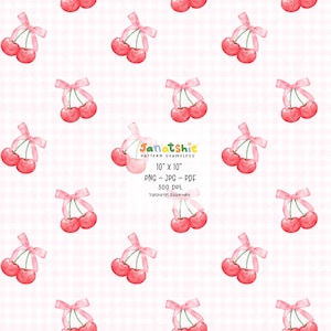 コケット パターンのシームレスな水彩画、リボンの付いたかわいいプレッピーなチェリーの水彩画 PNG JPG 印刷可能な繰り返しデジタル ペーパーのチェック柄の背景。