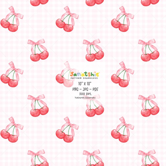 Coquette Cherry Bow Watercolor Pattern: Preppy Digital Paper (PNG, JPG, PDF)