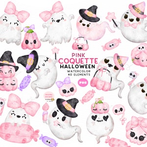 Pink Girly Halloween PNG Clipart Set | Coquette Ghost Pastel Spooky Clipart | Cute Autumn Halloween Aesthetic | Pastel Watercolor Ghost PNG
