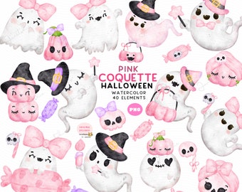 Pink Halloween Ghost Clipart Set: Coquette Pastel Watercolor PNG (Digital Download, 40 Files)