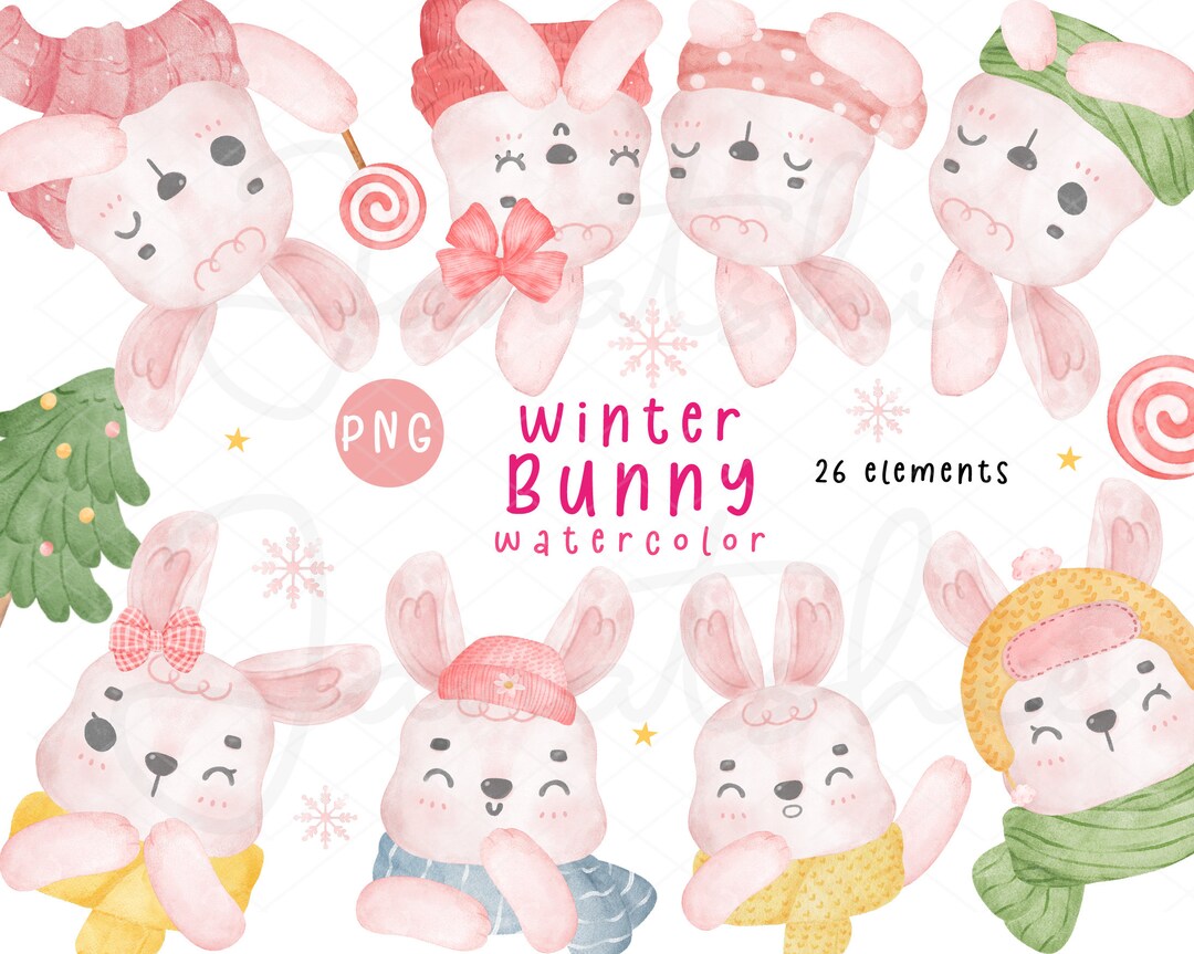 Watercolor Winter Bunny Clipart Set: Christmas Nursery PNG (digital ...