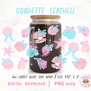 Coquette Seashell Libbey Glass Can Wrap PNG | Girly Summer Pastel Tumbler Wrap | Coastal Beach Aesthetic Cup Design | 16oz Sublimation File.
