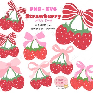 Coquette fraise png, fraise noeud svg, fraise rétro, esthétique fraise cottage, design preppy girly pour chemise et décoration murale