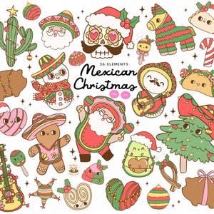 Bundle de cliparts Noël Noël mexicain Png rétro Pan dulce Noël conchas png, conception d'autocollant doodle père Noël espagnol Noël mexicain