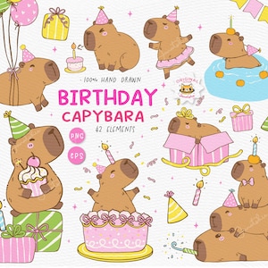 Verjaardagscapibara, png | EPS-clipartset | Leuke doodle feestbeest cartoon | Capibara met hoed, ballon en cake | Afdrukbaar sublimatieontwerp
