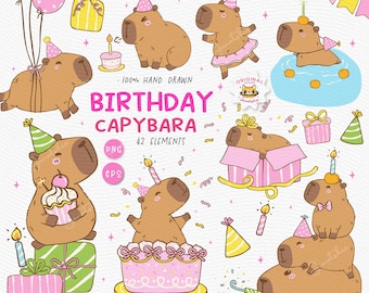Birthday Capybara Clipart Set: Party Animal PNG EPS Doodles