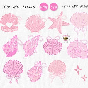 Pearl Bow Seashell Summer Clipart: Retro Coquette Coastal Hand Drawn ...