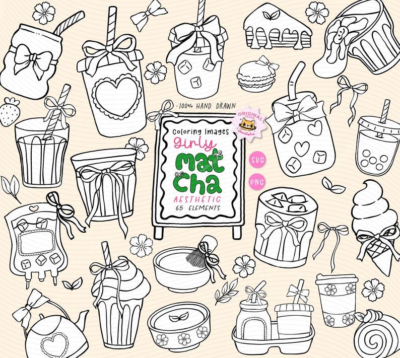Matcha Coloring Girly Matcha Doodle Outline Clipart Set: Coquette Coffee Hand Drawn SVG ...