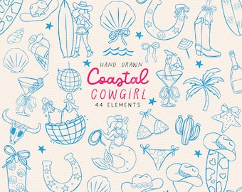 Coastal Cowgirl Clipart: Hand-Drawn Western Bachelorette Party Graphics (SVG, PNG)