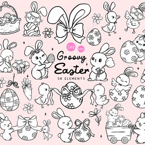 Imágenes para colorear Clipart Groovy Easter Bunny & Retro Chick Bunny Ears Coquette Bow PNG SVG set Lindos huevos de Pascua de primavera Dibujos animados caprichosos para niños