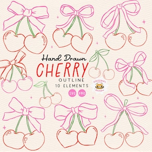 Retro Coquette Cherry PNG, Caprichoso Clipart Desenhado À Mão De Cereja, Conjunto De Contorno De Laço De Cereja Da Moda SVG, Desenho De Ilustração De Linha De Arte Minimalista