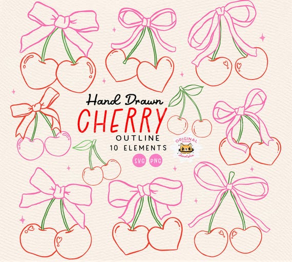 Coquette Cherry PNG & SVG Set: Hand-Drawn Bow Clipart (Digital Download
