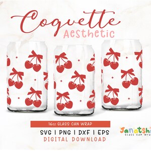 Coquette Heart Cherry Glass Can Wrap SVG | Red Preppy Cherry bow Coquette, Retro Trendy Beer Can Glass Wrap Template SVG Layered Cricut.