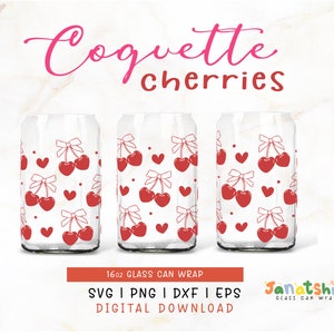 Coquette Heart Cherry Glass Can Wrap SVG | Red Preppy Cherry bow Coquette, Retro Trendy Beer Can Glass Wrap Template SVG Layered Cricut.