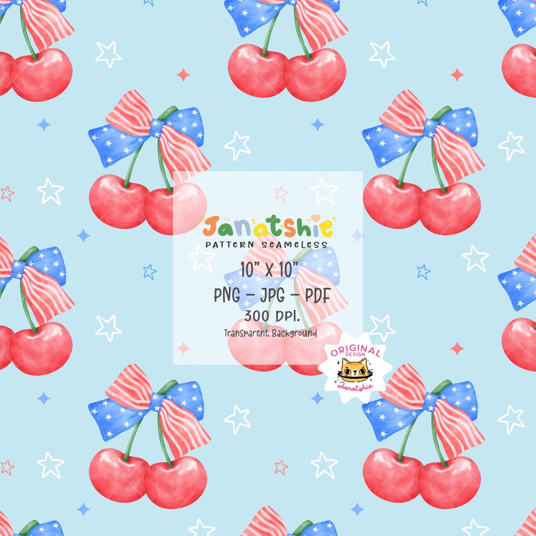 Coquette America Cherry Bow Seamless Pattern: 4th of July (digital ...