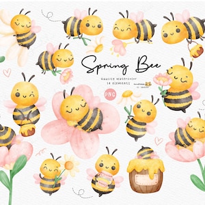 Bee Clipart png, HoneyBee Acuarela Clipart, Kawaii Cartoon Character Hand Painting png, Spring clipart.