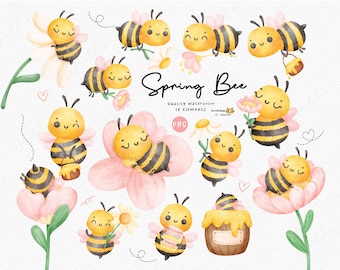 May include: A collection of 14 watercolor illustrations featuring yellow and black striped bees, pink and white flowers, and honey pots. The text reads Spring Bee, Quality watercolor, 14 elements, and PNG. The bees have smiling faces.