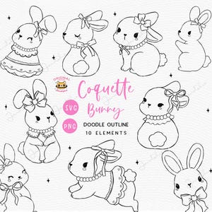 Contorno coniglietto pasquale Coquette SVG Coniglio pasquale stravagante e femminile con fiocco Set clipart Doodle con linea in grassetto Disegno a mano dei cartoni animati