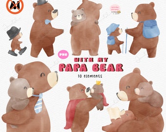 Father's Day Bear Clipart: Daddy & Baby Watercolor PNG Set