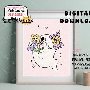 May include: A digital illustration of a cute ghost with a purple and pink bow holding a bouquet of flowers with yellow, purple, and green petals. The ghost has a pink background with white stars.