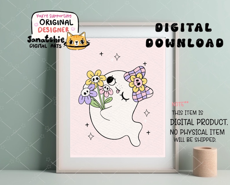 May include: A digital illustration of a cute ghost with a purple and pink bow holding a bouquet of flowers with yellow, purple, and green petals. The ghost has a pink background with white stars.
