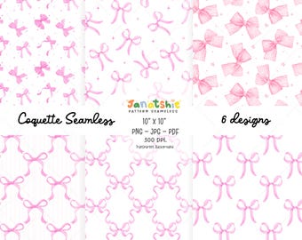 Coquette Pink Ribbon Seamless Pattern: Digital Paper Pack (PNG, JPG, PDF)
