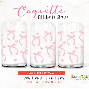 Coquette Ribbon bow Can Wrap SVG | Pink Preppy bow Coquette Aesthetic, Retro Trendy Beer Can Glass Wrap Template SVG Layered Cricut.