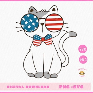 Clipart chat du 4 juillet : Doodle tabby patriotique (SVG, PNG)