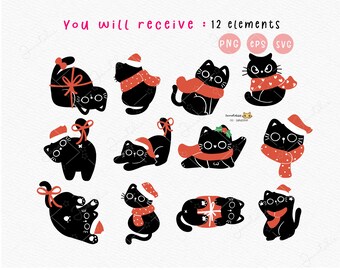 クリスマス黒猫クリップアート：サンタ帽子をかぶったかわいい子猫