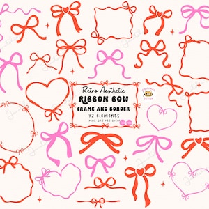 Lazos, marcos y bordes ondulados retro Clipart Marco de lazo con forma de corazón con garabatos caprichosos Dibujado a mano Diseño peculiar de San Valentín para bodas en rojo y rosa SVG PNG