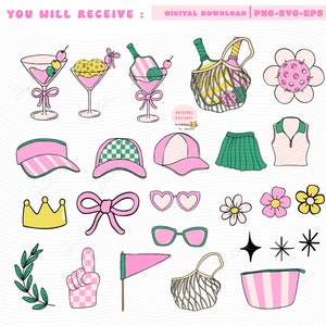 Retro Pickleball clipart set Trendy Pickleball svg Girl Social club pickle ball PNG