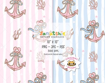 May include: Seamless pattern design featuring pink anchors with heart-shaped details, bows, and coral on a striped background. The design includes the text "Janatshie Pattern Seamless 10" x 10" PNG - JPG - PDF 300 DPI. Transparent Background."
