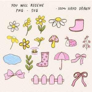 Rain Spring Cottagecore png Cute White Duck with bow svg Vintage Coquette White Call duck Whimsical Playful Doodle Hand Drawing Outline Set