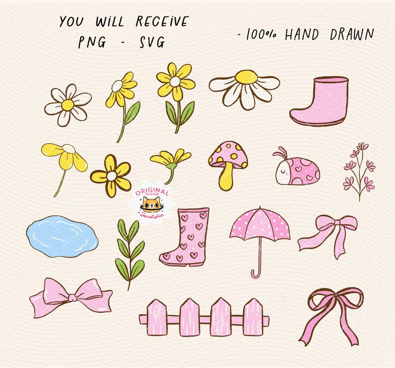 Rain Spring Cottagecore png Cute White Duck with bow svg Vintage Coquette White Call duck Whimsical Playful Doodle Hand Drawing Outline Set