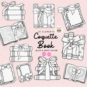 Livro Coquette SVG PNG, Clipart de Contorno de Livro, Livro com Rabiscos em Negrito e Laço, Página para Colorir de Livro Vintage, Conjunto de Carimbos Digitais de Leitura Feminina
