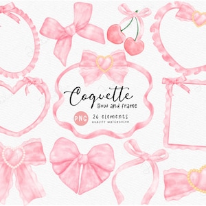 Pink Coquette Rococo Bow & Frame Clipart: Valentine Watercolor PNG Set