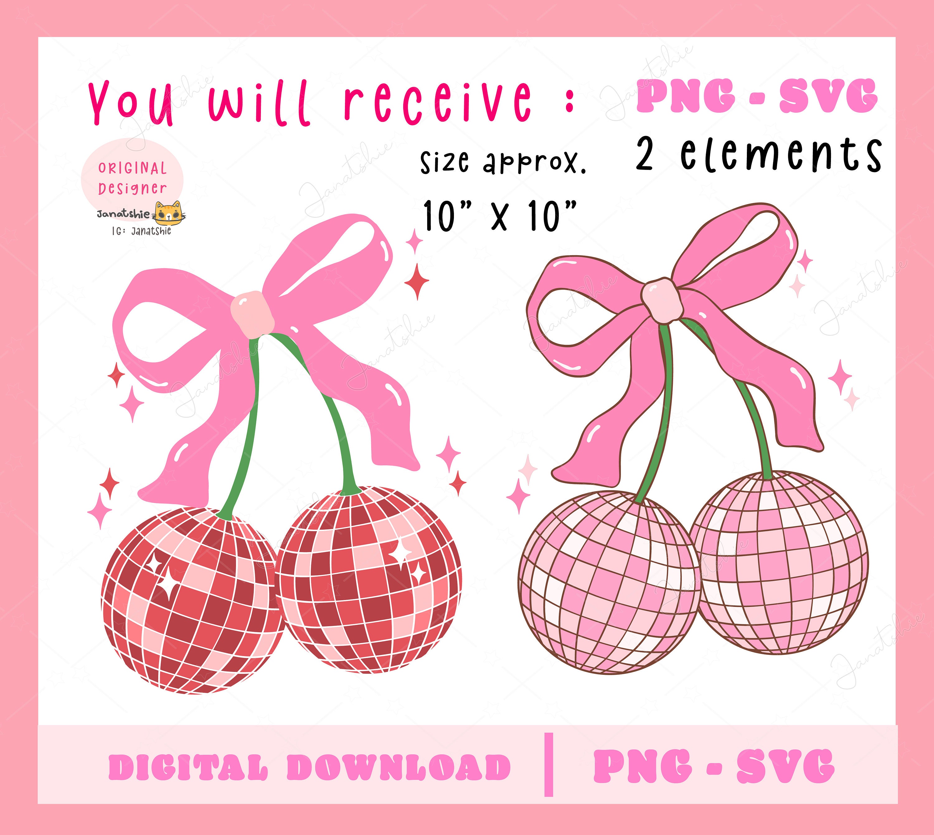 Coquette Disco Ball Cherries PNG SVG: Groovy Y2K Art (digital 