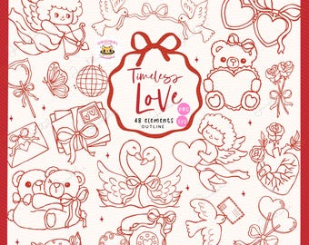 Retro Valentine Outline Clipart Set: Whimsical Cupid, Wedding Sketch Icons Hand Drawn(SVG, PNG)