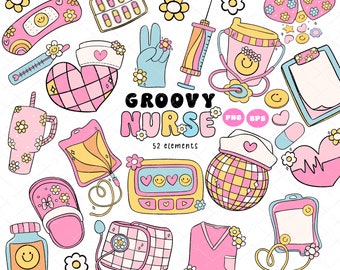 Groovy Retro Nurse Clipart: Mental Health, Nurse Life (PNG, EPS)
