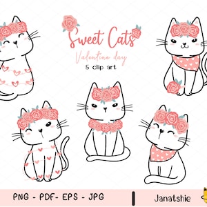 Png di gatto bianco, ragazza, gatto, clip art, gatto con fiori, civetta, gatto, clipart, adorabile, gatto, cartone animato, per, amanti dei gatti, JPG, EPS
