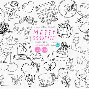 Coquette désordonnée Contour des années 90 Vibe SVG PNG | Ludique doodle jeu de cliparts dessins au trait gras | Esthétique girly lunatique imparfaite de l'an 2000