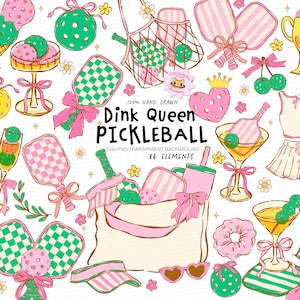 May include: A collection of hand-drawn pickleball-themed illustrations featuring paddles with green checkered patterns, pink striped paddles, pickleballs, tote bags, visors, heart-shaped sunglasses, and cocktails. Text reads Dink Queen PICKLEBALL.