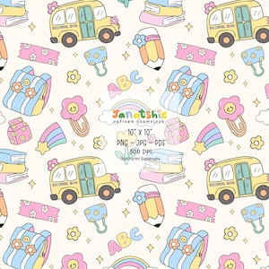 Pastell Schule Lieferungen nahtlose Muster Datei Mädchen zurück in die Schule wiederholenden Hintergrund Schulbus Trendy digitales Papier druckbare Hintergrund