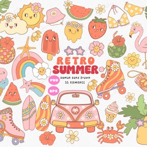 Retro Summer Groovy Summer Beach Vacation Sublimation Clipart Positive vibe Boho Hippie Personajes vectoriales eps, png.