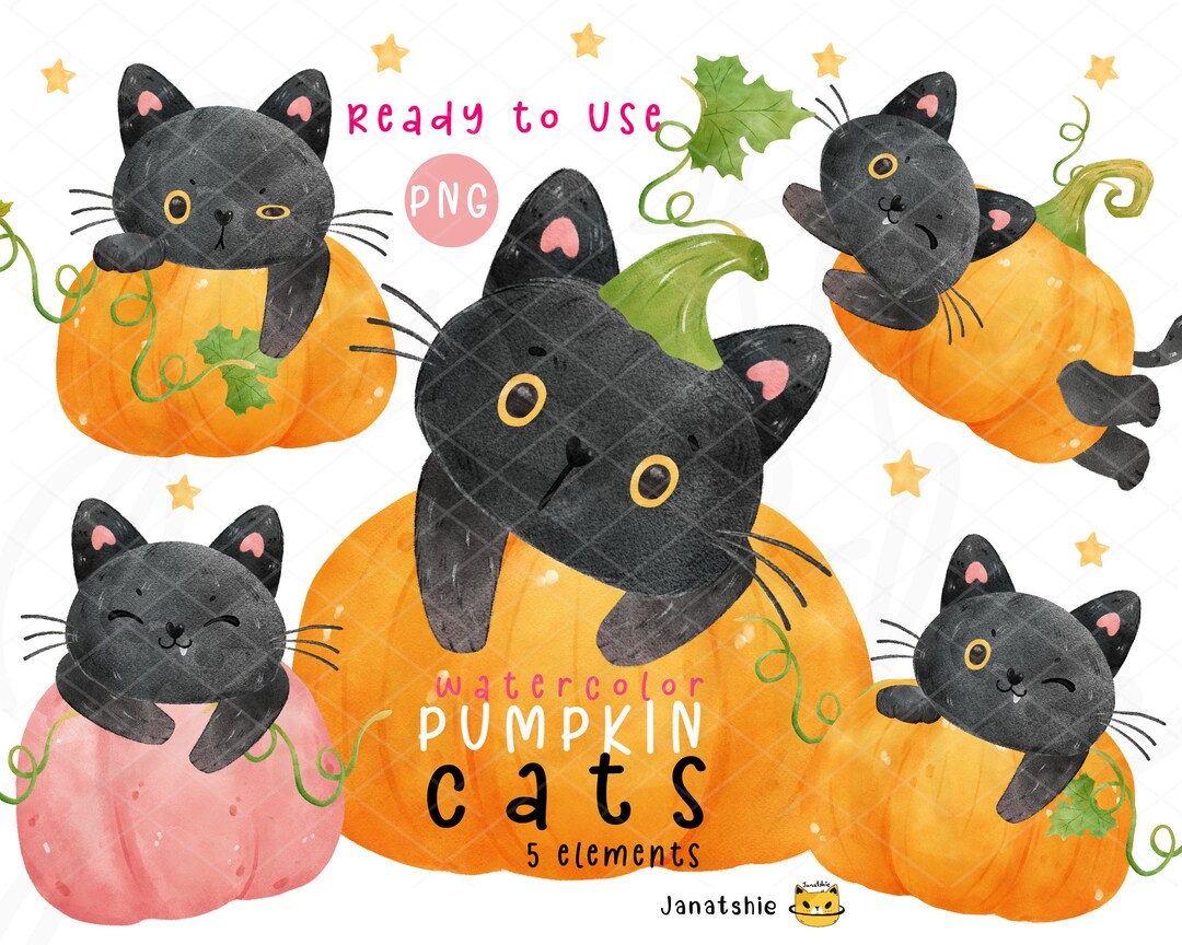 Halloween Black Cat in Pumpkin PNG Clipart, Cute Watercolor Cat Fall ...