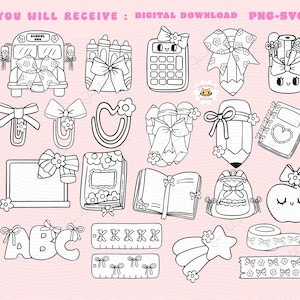 Coquette School svg Girl School Supplies digital colouring images Clipart Set Coquette Teacher Girly outline School bus, Pencil bow png svg