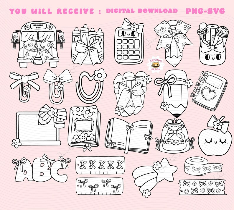 Coquette School svg Girl School Supplies digital colouring images Clipart Set Coquette Teacher Girly outline School bus, Pencil bow png svg