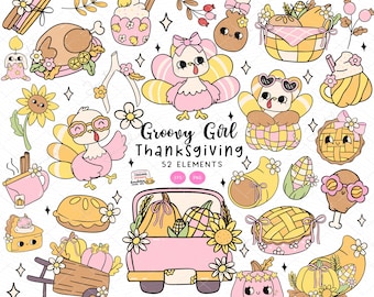 Groovy Coquette Thanksgiving Clipart Bundle: Pastel Pink Turkeys & Fall Icons