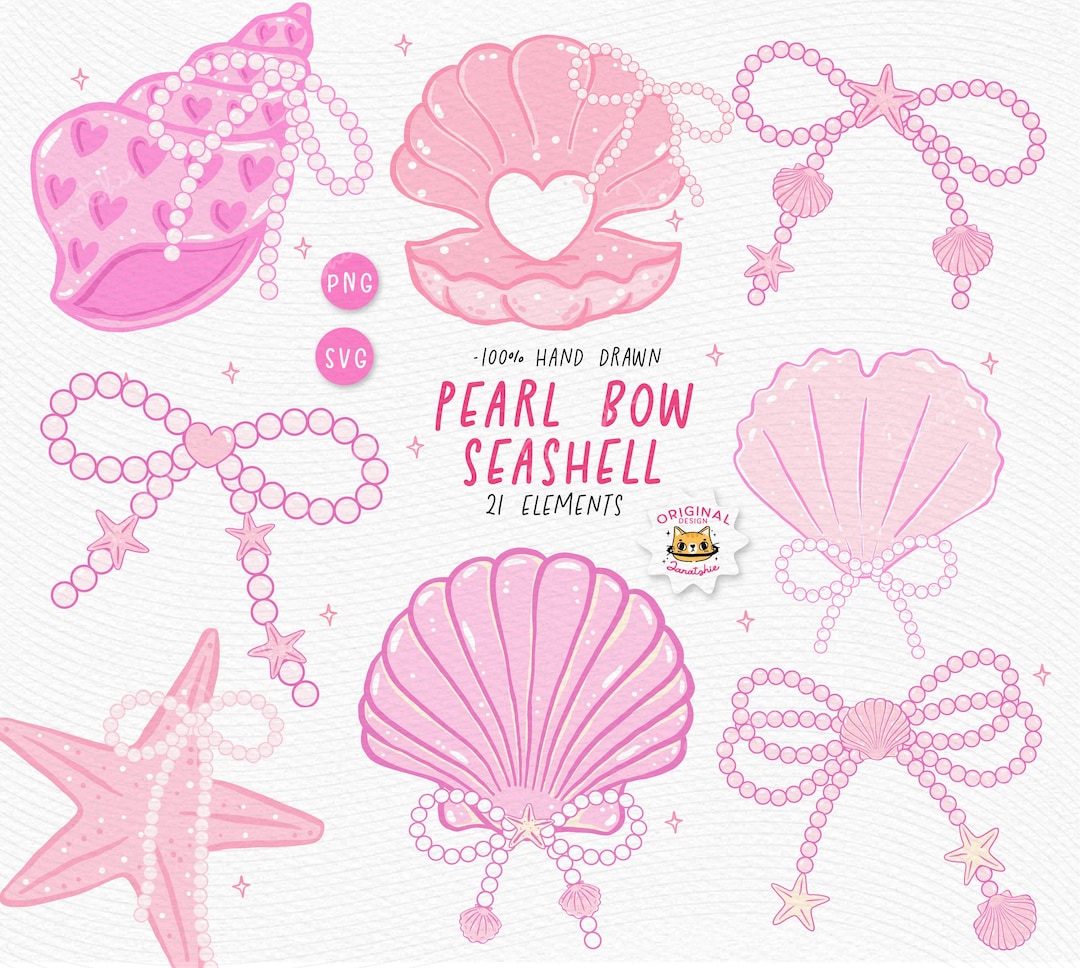 Pearl Bow Seashell Summer Clipart: Retro Coquette Coastal Hand Drawn ...